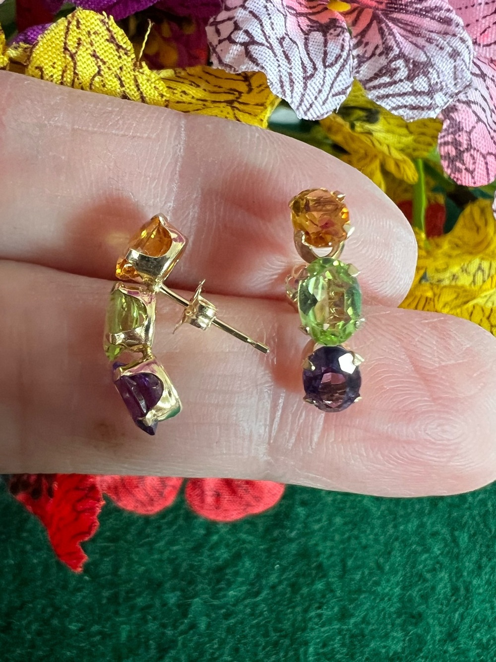 14k Solid Yellow Gold Multicolor Gemstone Earrings - Picture 3 of 12